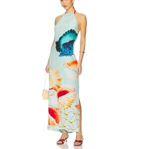 Muma World Silk Sea Shell Maxi Dress MEDIUM Halter Blue Vacation Designer $575